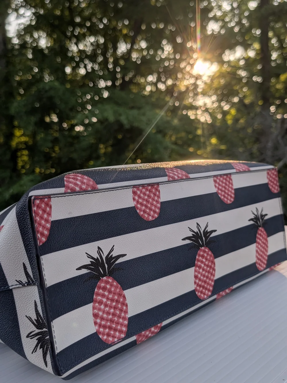 Tory Burch Kerrington Navy Stripe Pineapple Tote Bag - Pink Pineapple Print